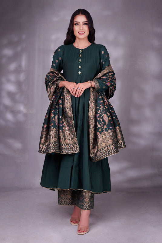 Green Moonga Silk Woven Floral Pattern Round Anarkali Set