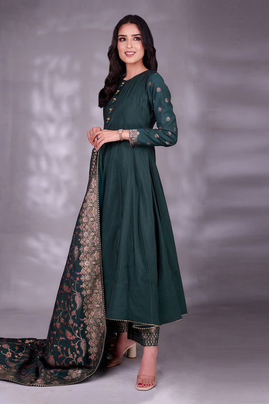 Green Moonga Silk Woven Floral Pattern Round Anarkali Set