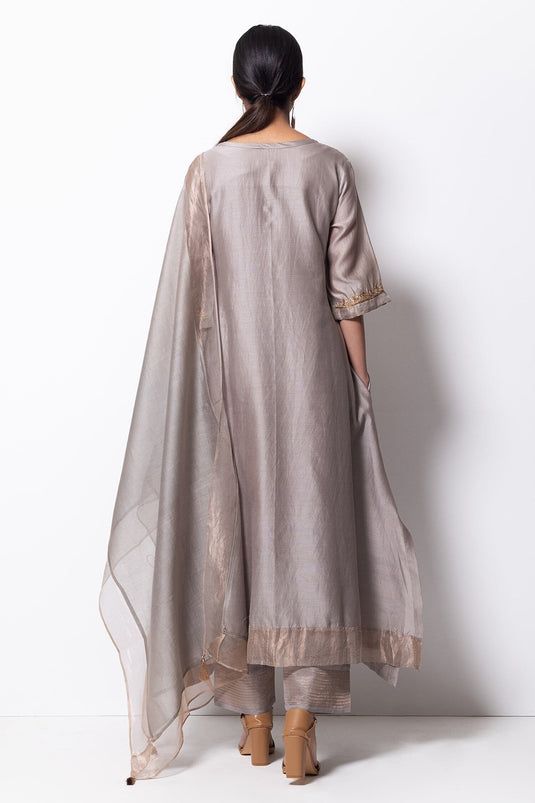 Grey Kurta Handwoven Chanderi Dupatta Chanderi Pant Cotton Set