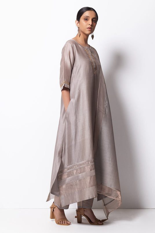 Grey Kurta Handwoven Chanderi Dupatta Chanderi Pant Cotton Set