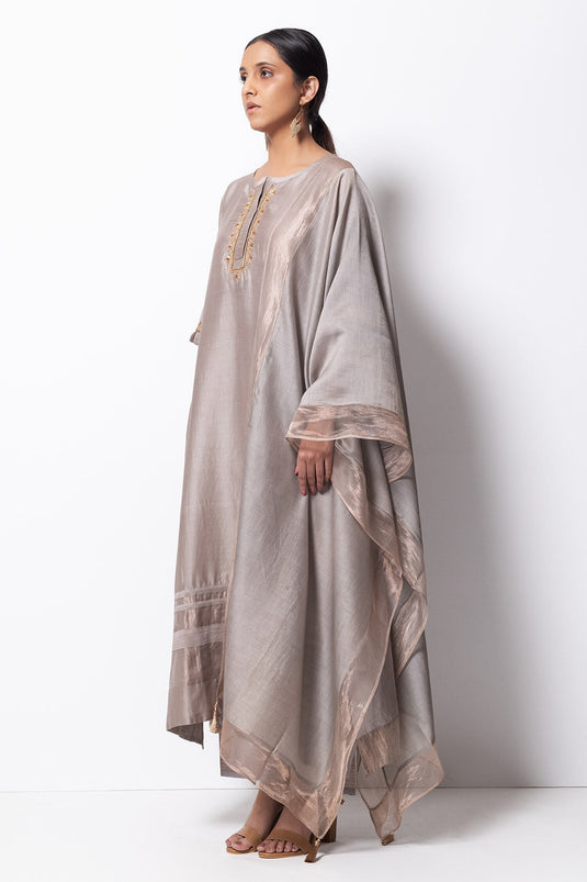 Grey Kurta Handwoven Chanderi Dupatta Chanderi Pant Cotton Set