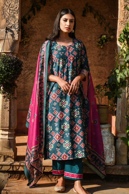 Green Kurta Chanderi Printed Floral Notched Set