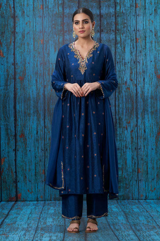 Blue Silk Embroidered Floral Notched Kurta And Palazzo Set