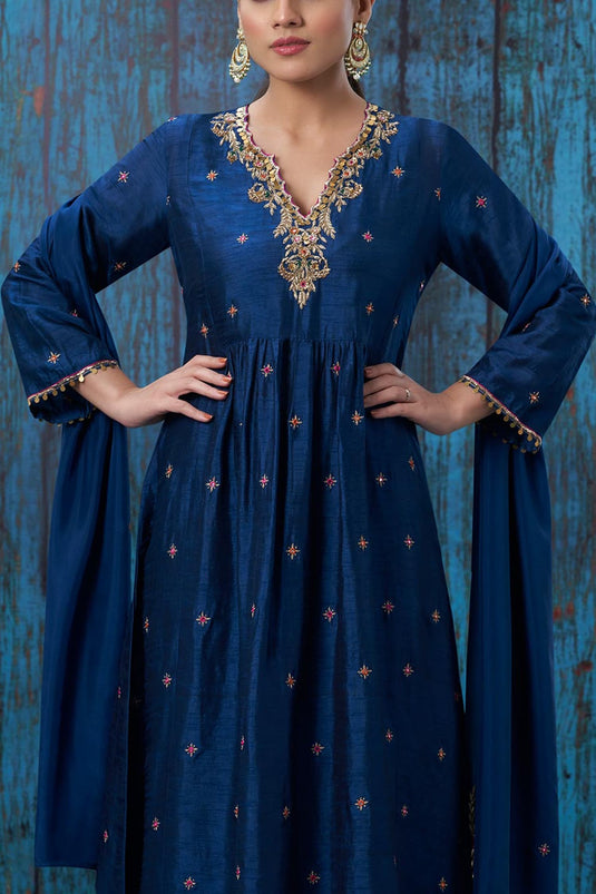 Blue Silk Embroidered Floral Notched Kurta And Palazzo Set