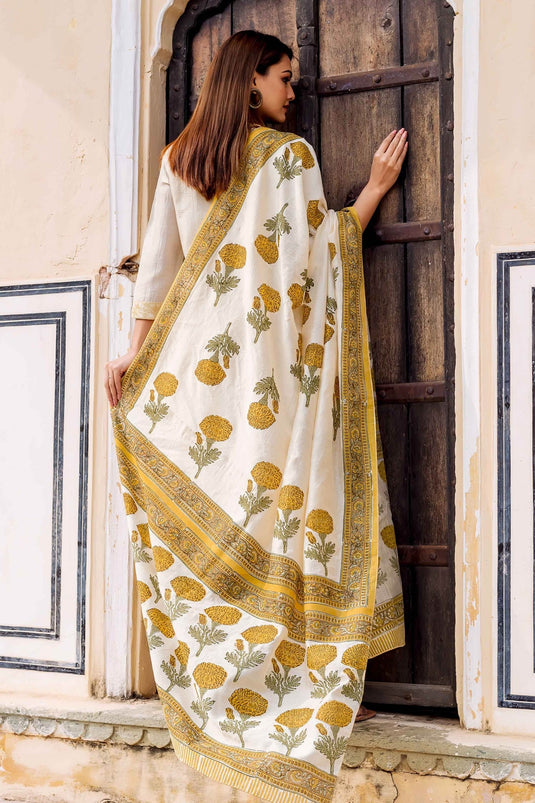 Yellow Cotton Printed Floral V Neck Pintuck Kurta Set