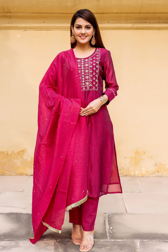 Pink Chanderi Embroidered Floral Round Kurta Set